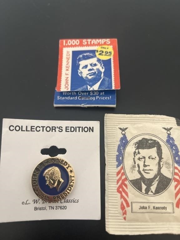 Vintage JFK Collector pin, sugar packet and