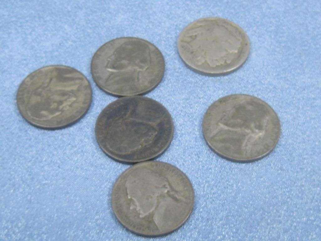 5 WWII Nickels 35% Silver & Buffalo Indian Nickel