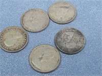 Five Canada 10 Cent Coins 50% Silver