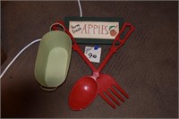 Metal apple sign, tin, metal fork and spoon