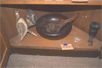 Wooden birds, chalice, bowl, etc