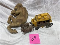 VINTAGE HORSE TOYS - RUBBER HORSE HEAD & STAGE