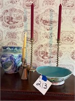 Brass candle holders, bowl vase