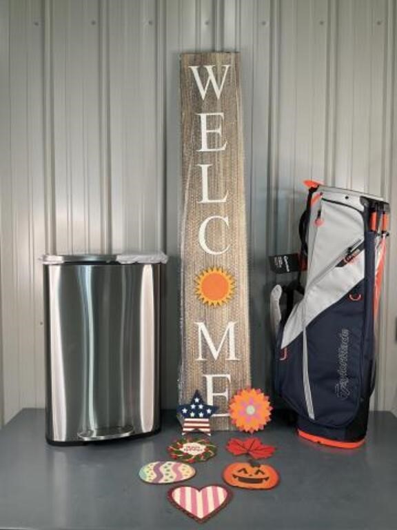 TaylorMade Golf Bag, Welcome Sign, Trash Can