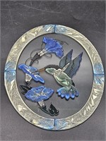 Painted Glass Hummingbird & Blue Flower Panel