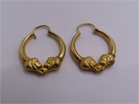 14kt Gold 1" Loop Kissing Tigers Earrings 2.7g