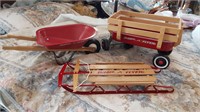 Radio flyer wagon, sled & wheelbarrow