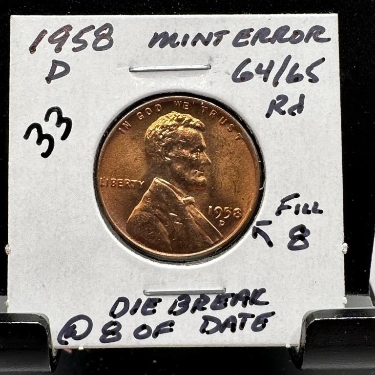 1958-D WHEAT PENNY CENT DIE BREAK @ 8 OF DATE