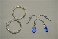 (2) Pairs 925 Sterling Earrings w/ Hoops & Blue