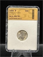 Graded 90% Silver Roosevelt Dime 1950 P MS70