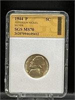 Graded 90% Jefferson nickel 1944P MS 70