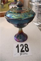 Blue Carnival Glass Pedestal Dish with Lid