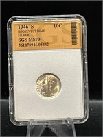 Graded 90% Silver Roosevelt Dime 1946S MS70