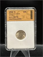 Graded 90% Silver Roosevelt Dime 1946S MS70