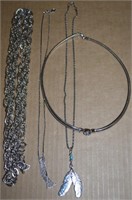 (4) Silvertone Necklaces w/ Feathers, Rhinestones+
