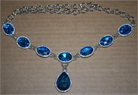 Contempo Aqua Blue Glass & White Crystal Necklace