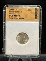 Graded 90% Silver Roosevelt Dime 1946P MS70