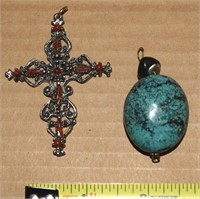 (2) Pendants w/ Chunky Turquoise Bead + Cross