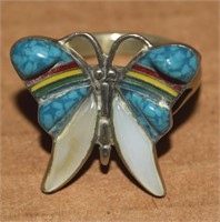 Vtg Silver Turquoise MOP & Inlaid Butterfly Ring