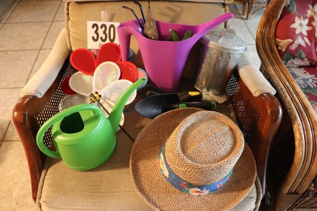Watering Cans, Hat, Hand Tools &