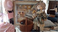 Wall art, doll & wood basket