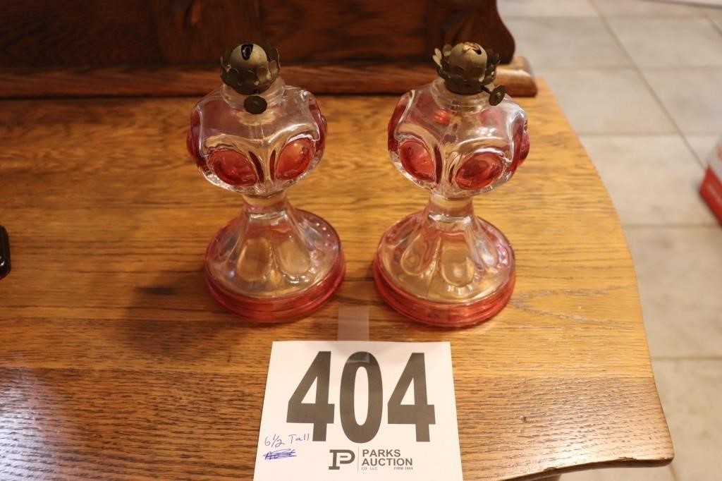 Pair of Ruby Flash & Clear Glass Oil Lamps (No