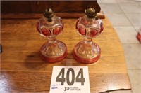 Pair of Ruby Flash & Clear Glass Oil Lamps (No