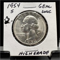 1954-S WASHINGTON SILVER QUARTER UNC HIGH GRADE