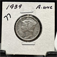 1939 MERCURY SILVER DIME AU