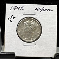 1942 MERCURY SILVER DIME AU