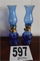 Pair of Vintage Cobalt Blue Small Oil Lamps(R5)