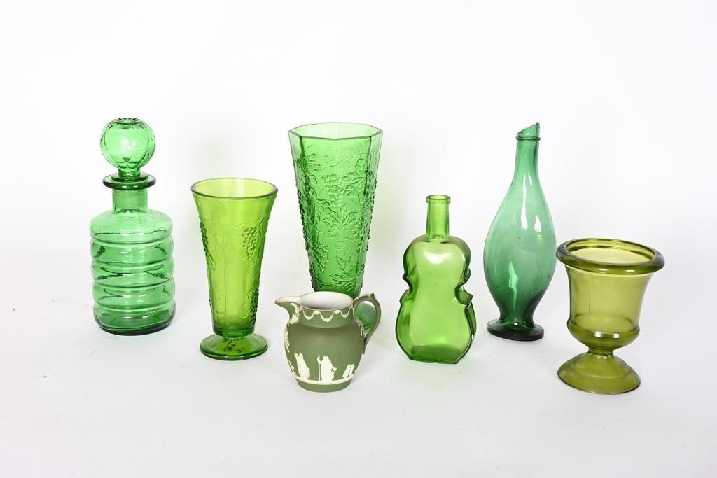 Wedgewood Jasperware, Green Glass Vases, Decanter