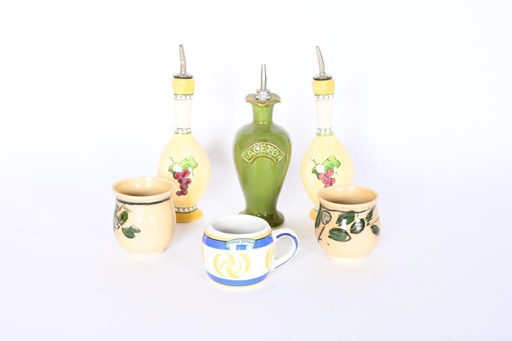 Oil & Vinegar Decanters, Pottery Cups