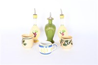 Oil & Vinegar Decanters, Pottery Cups