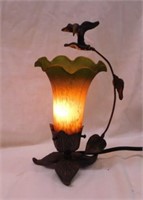 Glass tulip & metal hummingbird decorator lamp,