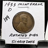 1933-D WHEAT PENNY CENT ROTATED DIES SC DATE