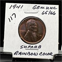 1941 WHEAT PENNY CENT UNC RAINBOW COLOR