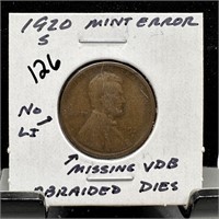 1920-S WHEAT PENNY CENT MISSING VDB ABRAIDED DIES