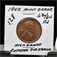 1942 WHEAT PENNY CENT MINT ERROR H GRADE ROTATED