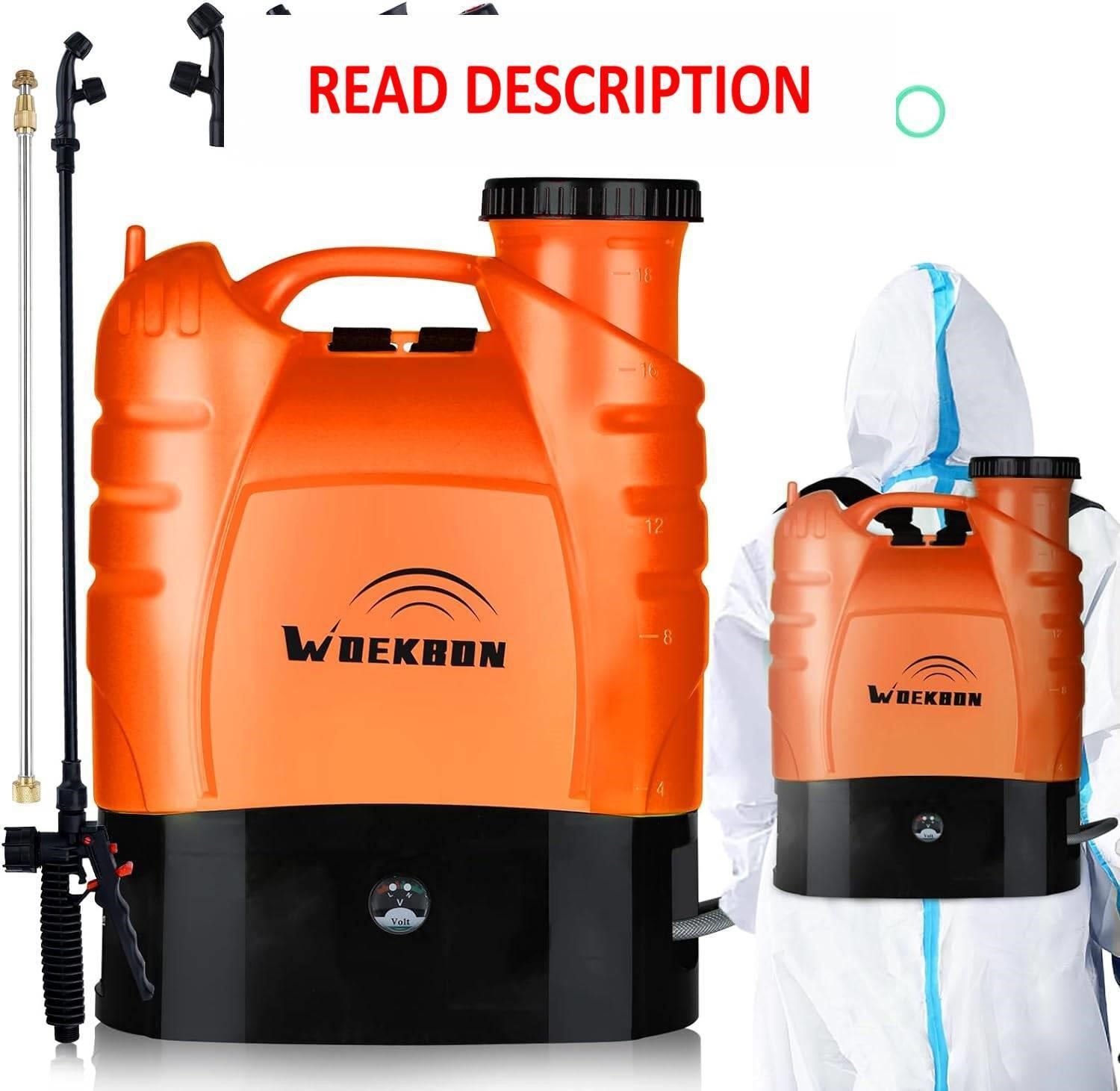 $80  WOEKBON 4 GAL Battery Powered Backpack Spraye