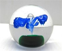 Glass Paper Weight, Painted Blue Flower