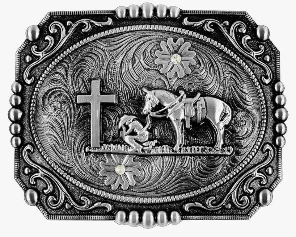 MORANSE, KNEELING COWBOY IN FRONT OF CROSS WITH