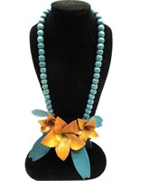 Vtg Hawaiian Wood Bead Blue Aqua Necklace22.5"L