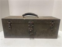 Vintage 19” metal Justus Tool Box. Leather