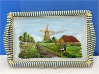 Tray With Windmill Scene Painted On Base - Has A