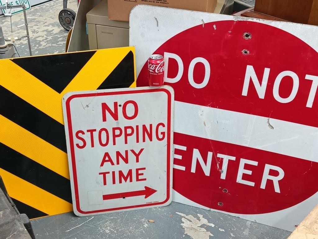 3 Road Signs, DO NO theT ENTER, NO STOPPING,  and