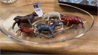 Metal animal figurines, glass relish dish