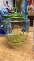 Green depression, glass biscuit jar, 7 “ tall
