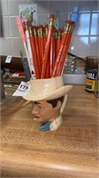 Roy Rogers plastic mug with pencils- 2 Mr Peanut