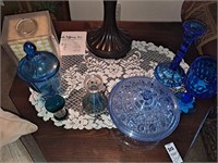 Blue glass, candlestick, candy dish, other